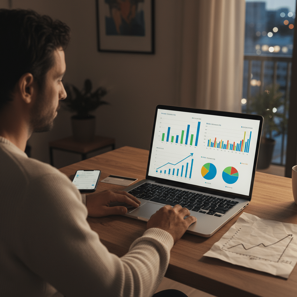 אדם מנהל מסחר עצמאי בבורסה מול מחשב בסביבה שקטה ומסודרת