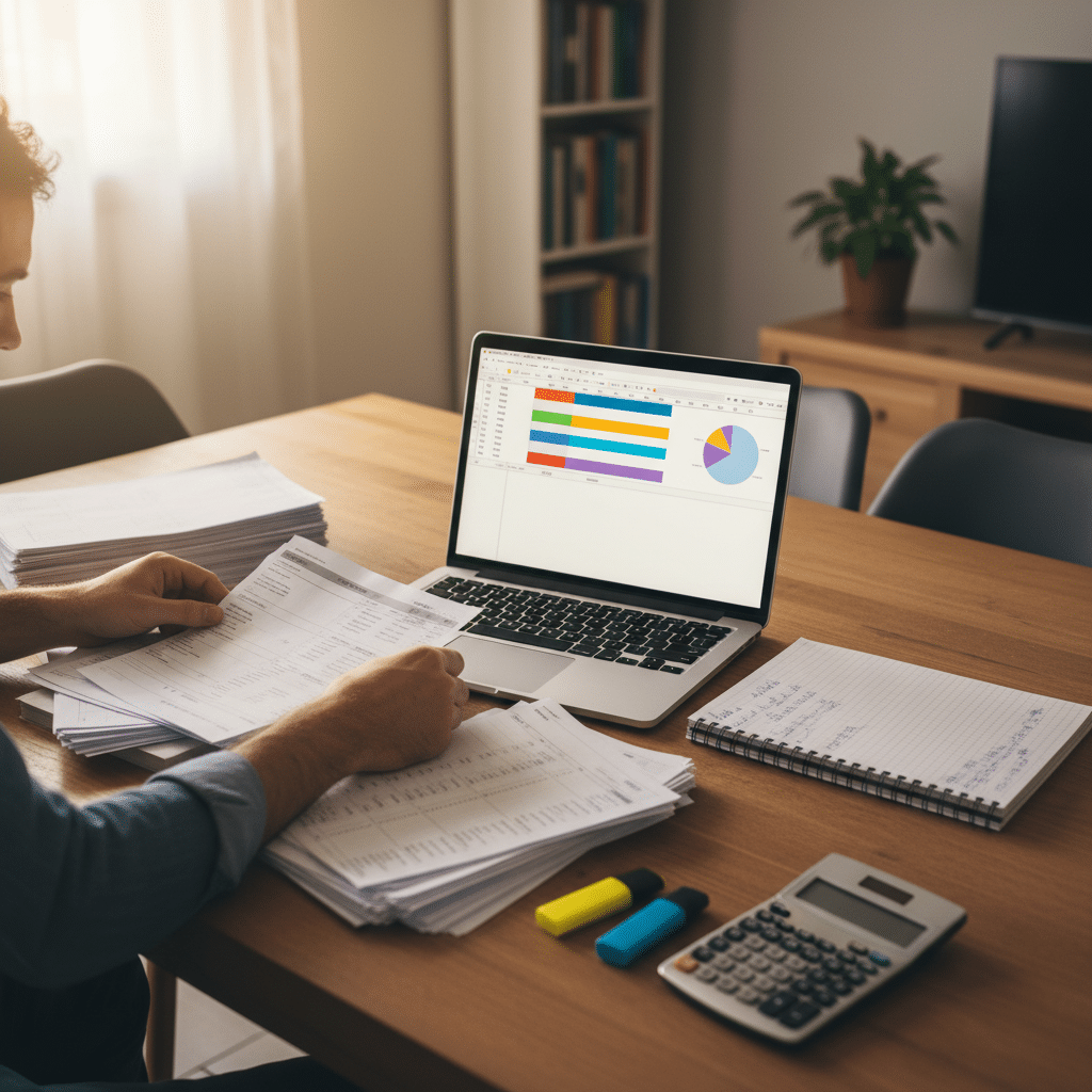 ניהול הוצאות והכנסות ומשק בית מתוכנן עם גרפים פיננסיים